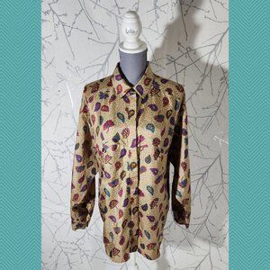 Leslie Fay VTG Gold Floral Paisley Printed Button Front Shirt Mob Wife